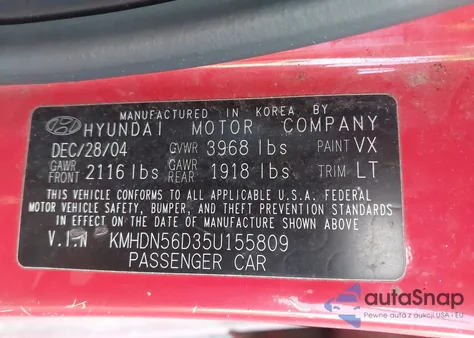 2005 Hyundai Elantra Gls/Gt из США, поврежденный, VIN KMHDN56D35U155809